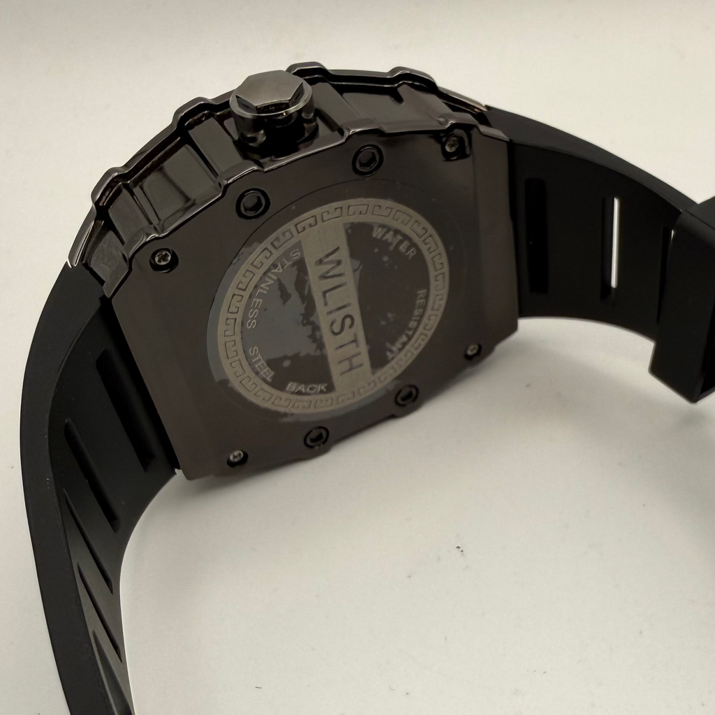 WLISTH Skeleton Dial Tonneau Watch Black Silicone Strap New In Box- £39.99