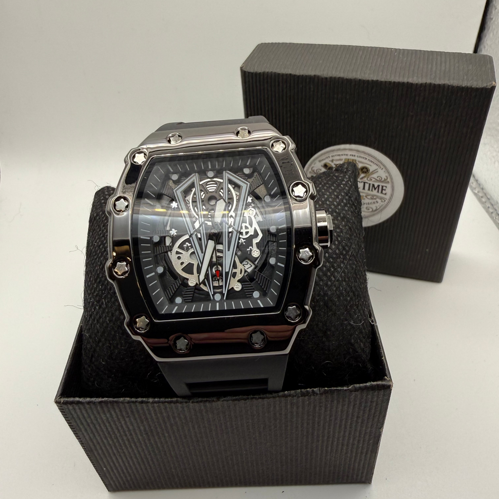 WLISTH Skeleton Dial Tonneau Watch Black Silicone Strap New In Box- £39.99