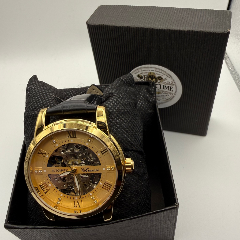 Chenxi Automatic Skeleton Dress Watch Gold Tone Black Strap New In Box- £39.95