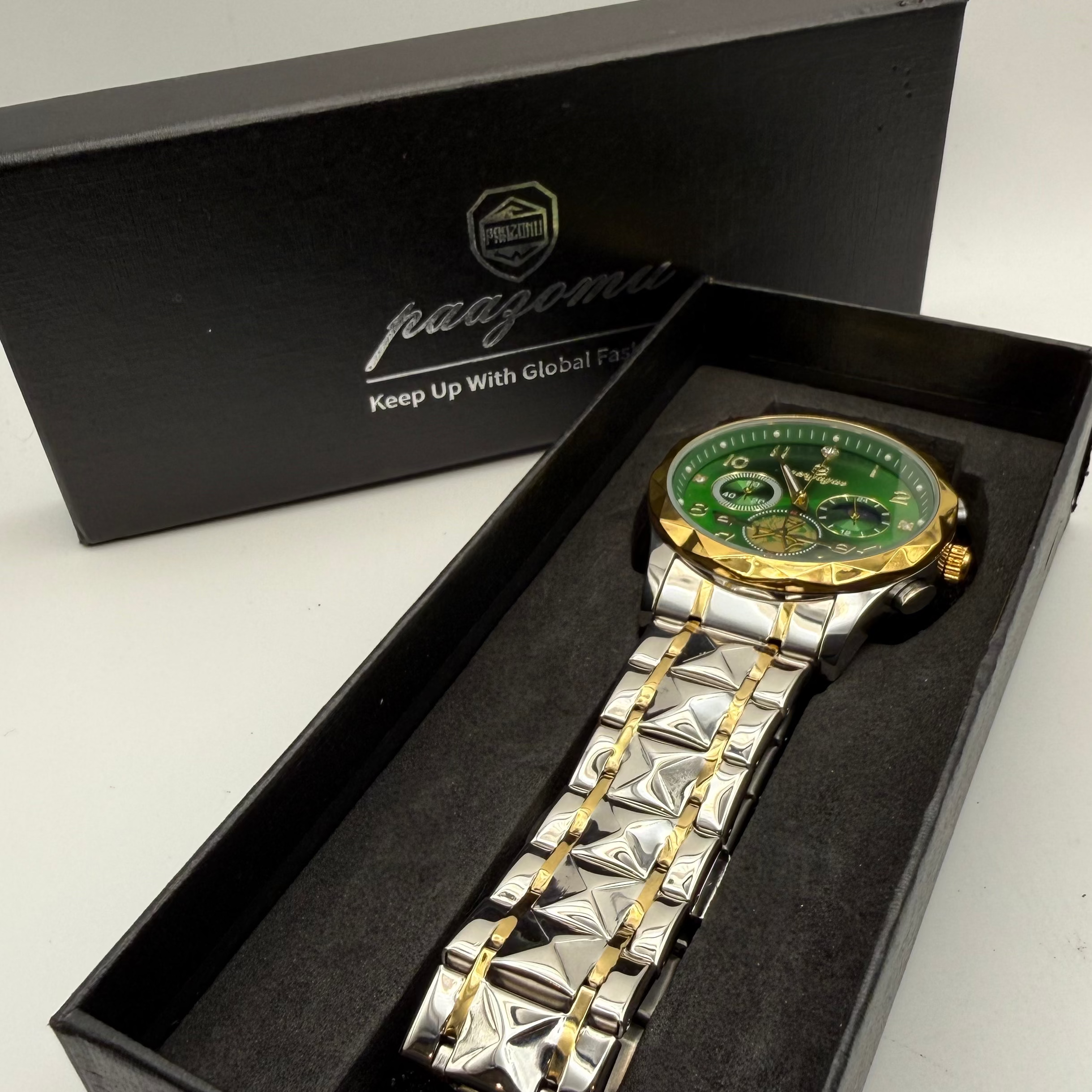 Pagzoma Green Dial Multi-Function Quartz Watch – Two Tone Bracelet – New in Bo- £29.95