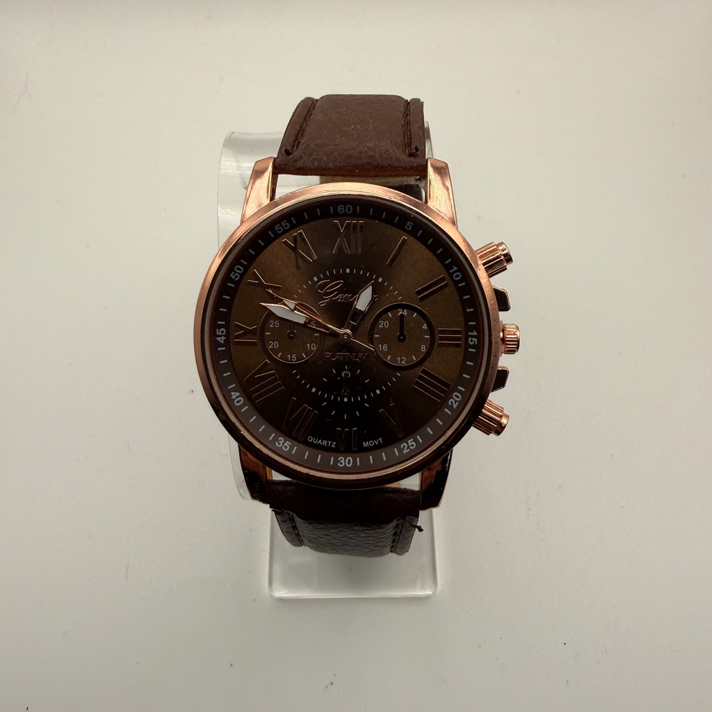 Geneva Platinum Rose Gold Tone Quartz Watch Brown Strap New In Box- £10.00