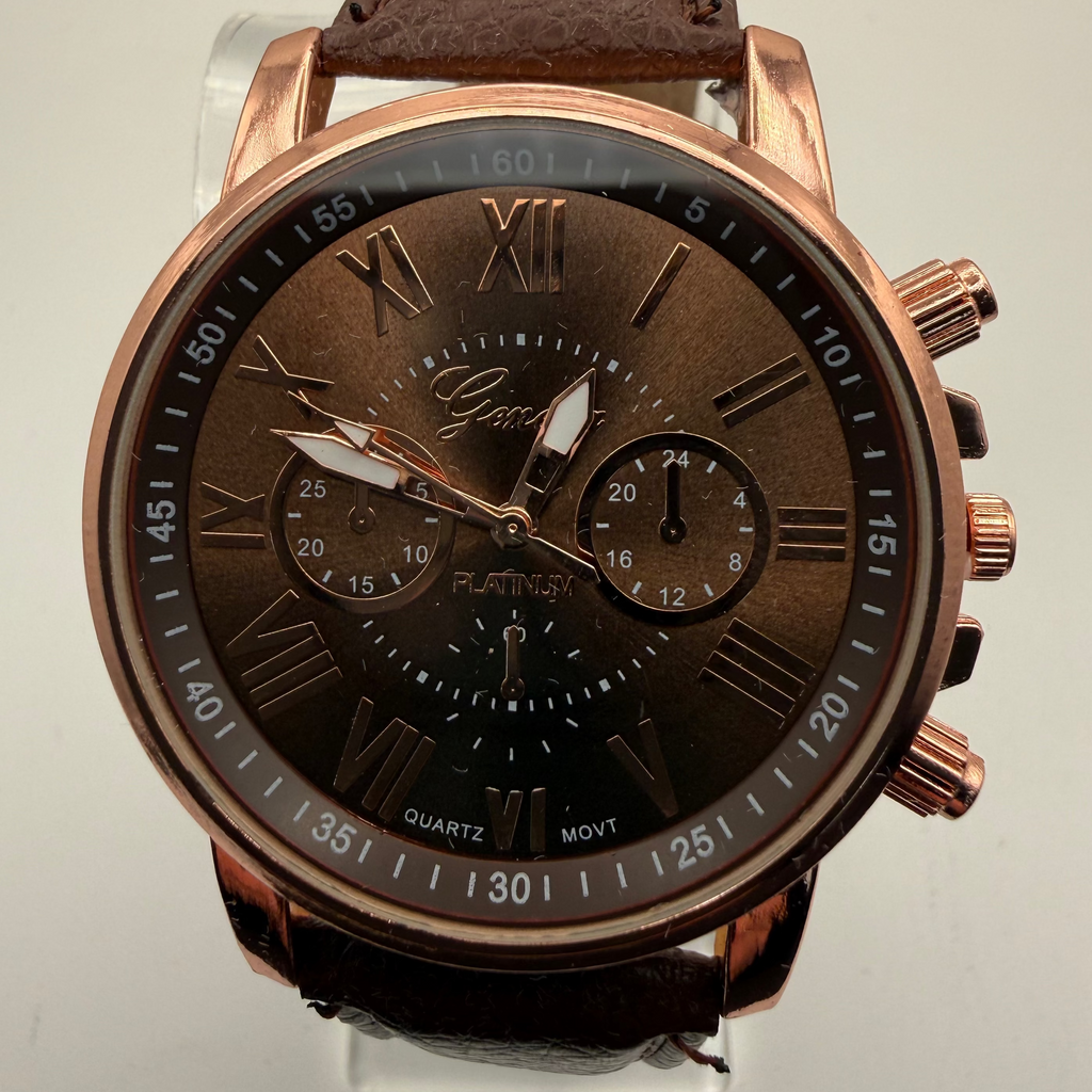Geneva Platinum Rose Gold Tone Quartz Watch Brown Strap New In Box- £10.00