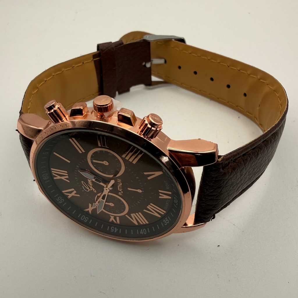 Geneva Platinum Rose Gold Tone Quartz Watch Brown Strap New In Box- £10.00