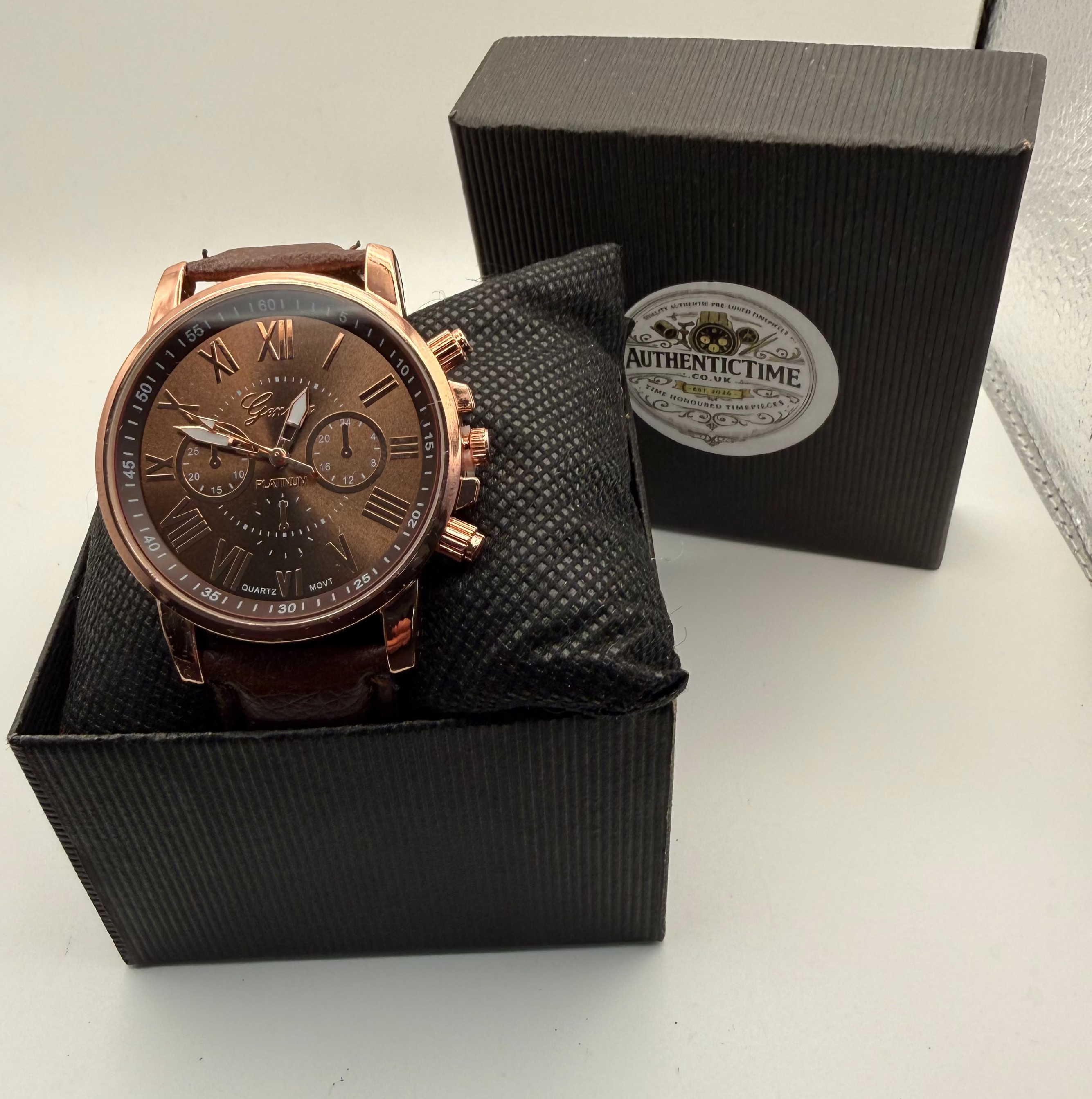 Geneva Platinum Rose Gold Tone Quartz Watch Brown Strap New In Box- £10.00