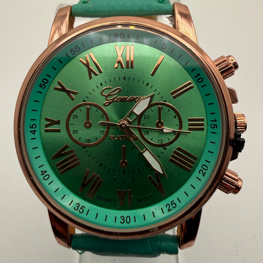 GENEVA PLATINUM GREEN DIAL CHRONOGRAPH WATCH – NEW IN BOX- £10.00