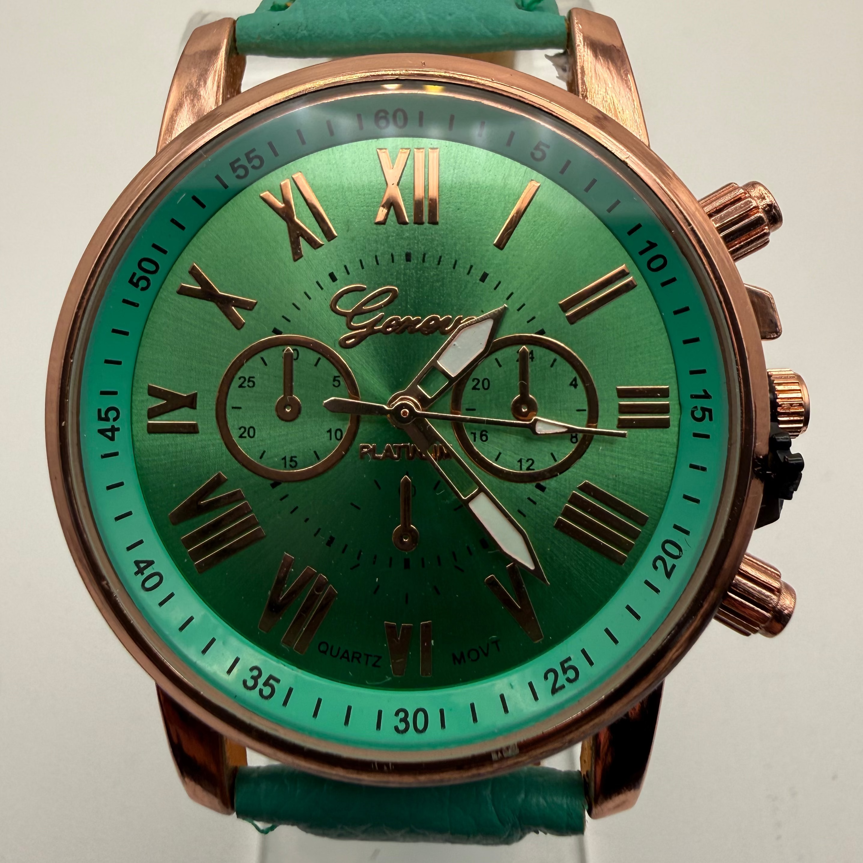GENEVA PLATINUM GREEN DIAL CHRONOGRAPH WATCH – NEW IN BOX- £10.00