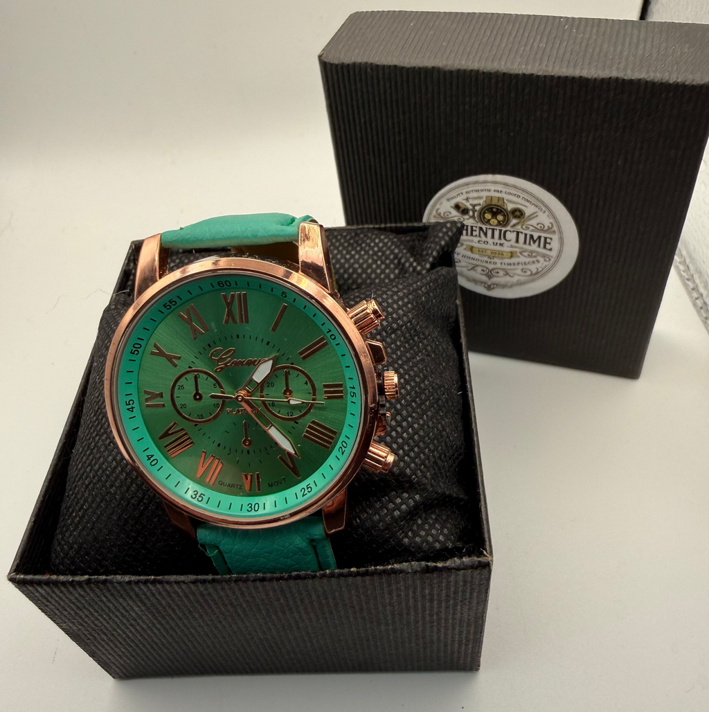GENEVA PLATINUM GREEN DIAL CHRONOGRAPH WATCH – NEW IN BOX- £10.00
