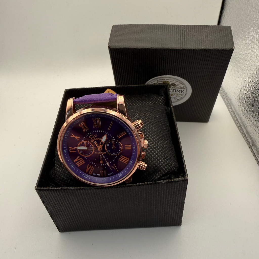 Geneva Platinum Purple Dial Rose Gold Tone Watch – New In Box- £10.00