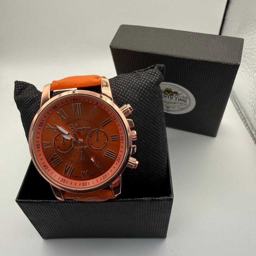 Geneva Platinum Rose Gold Tone Orange Dial Watch – New In Box- £10.00