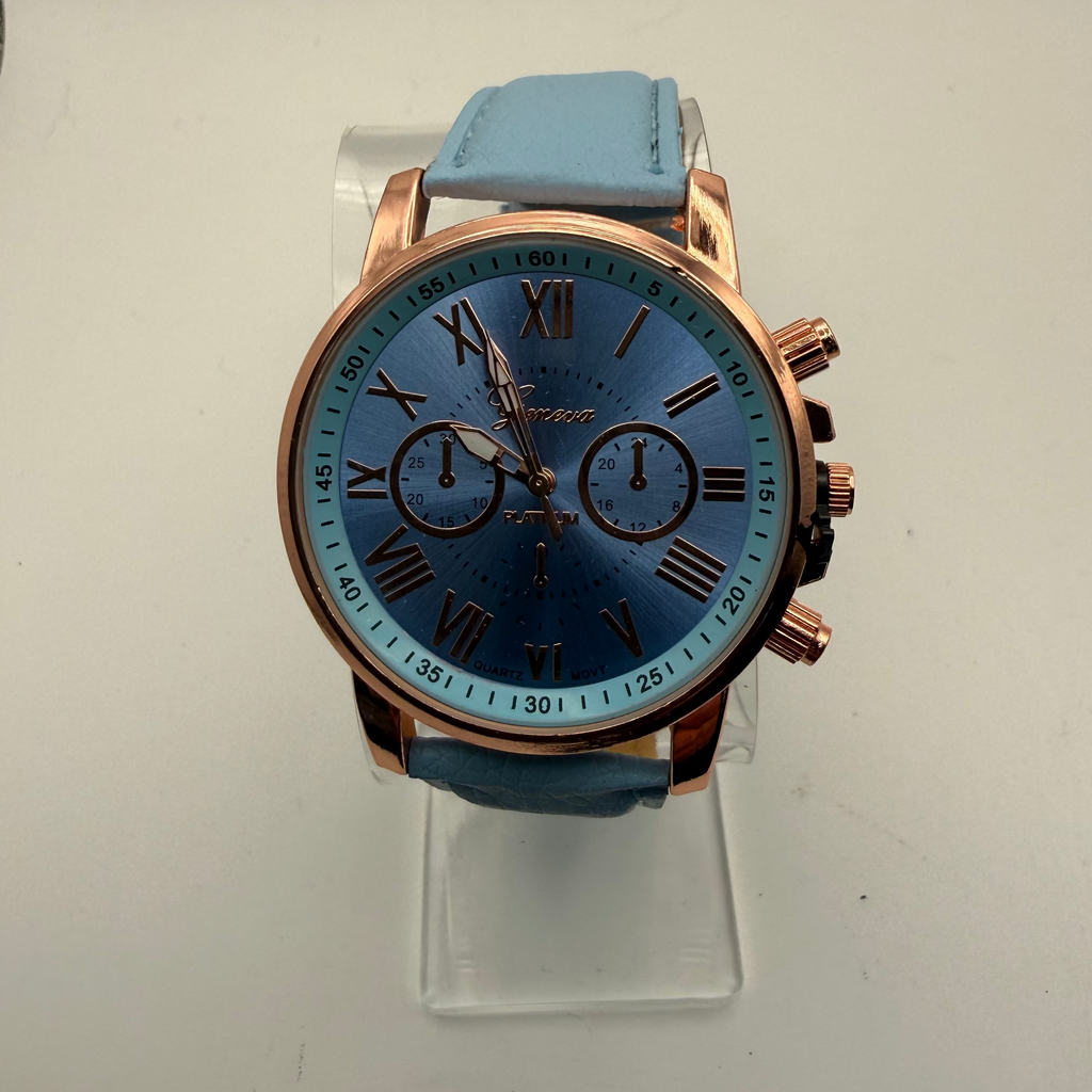 Geneva Platinum Chronograph Style Watch – Blue Dial, Rose Gold Case – New in Box- £10.00