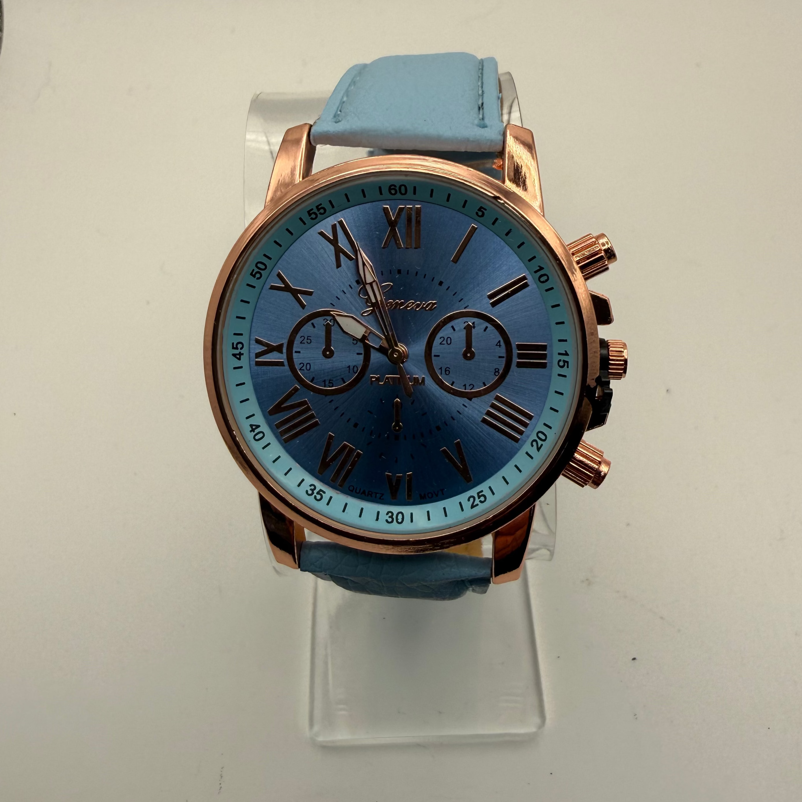 Geneva Platinum Chronograph Style Watch – Blue Dial, Rose Gold Case – New in Box- £10.00