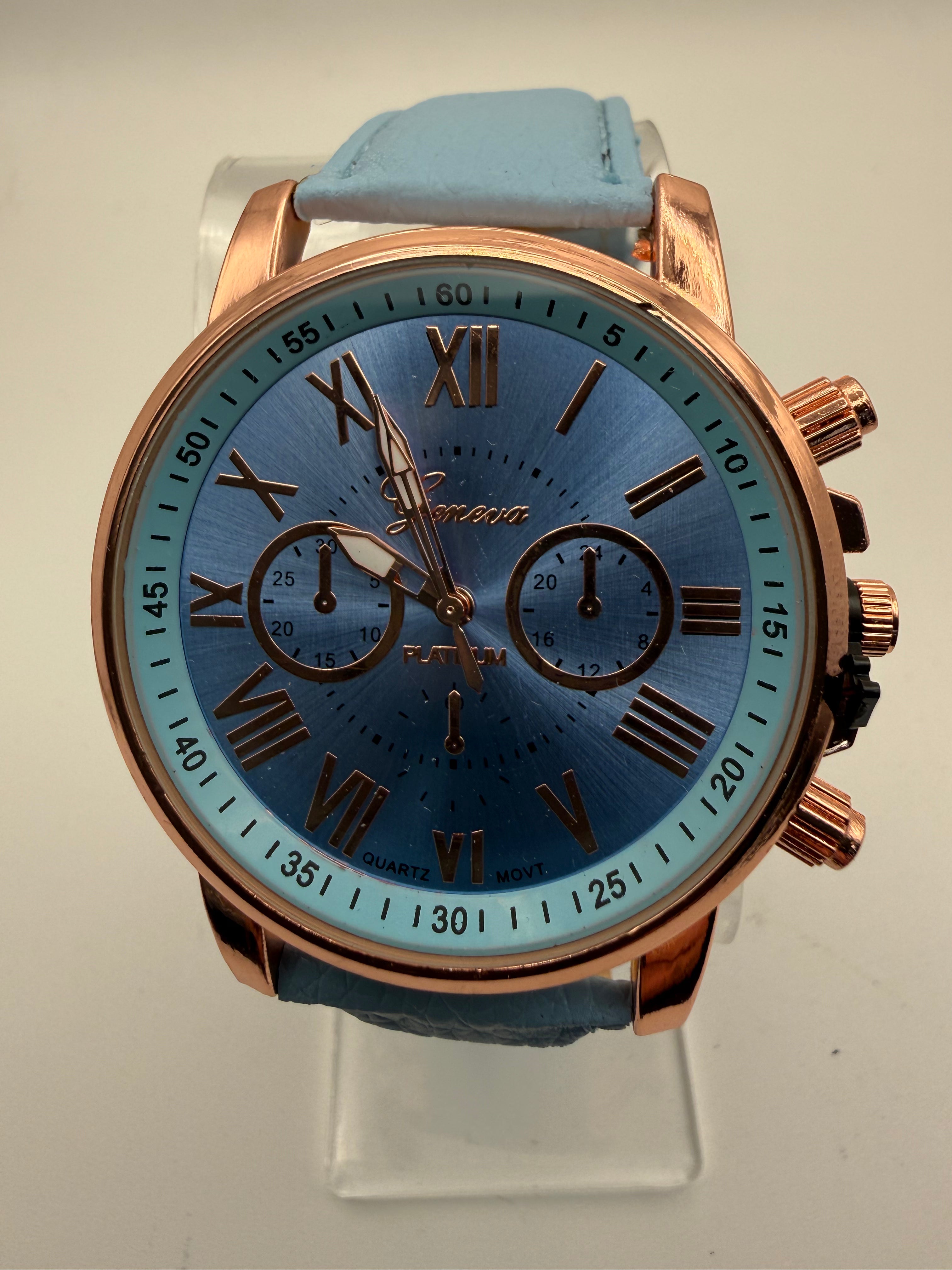 Geneva Platinum Chronograph Style Watch – Blue Dial, Rose Gold Case – New in Box- £10.00