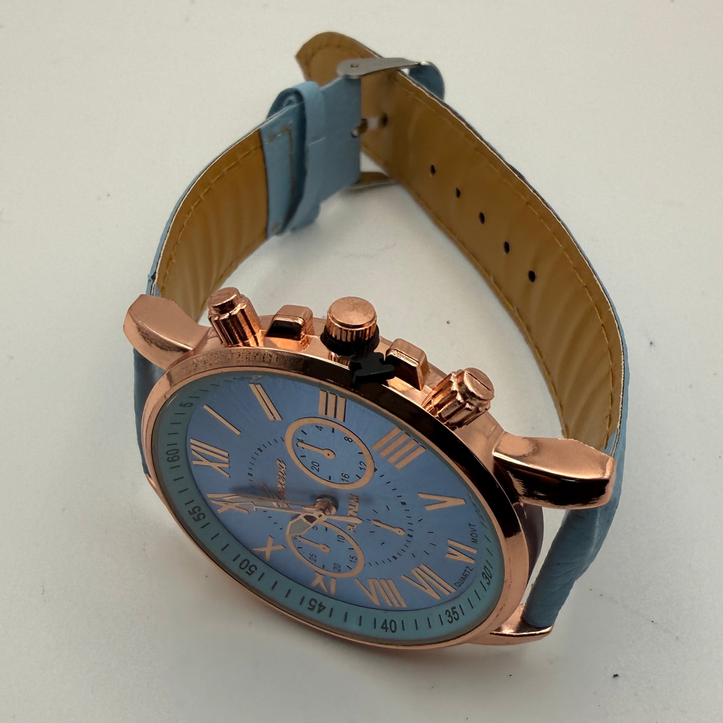 Geneva Platinum Chronograph Style Watch – Blue Dial, Rose Gold Case – New in Box- £10.00