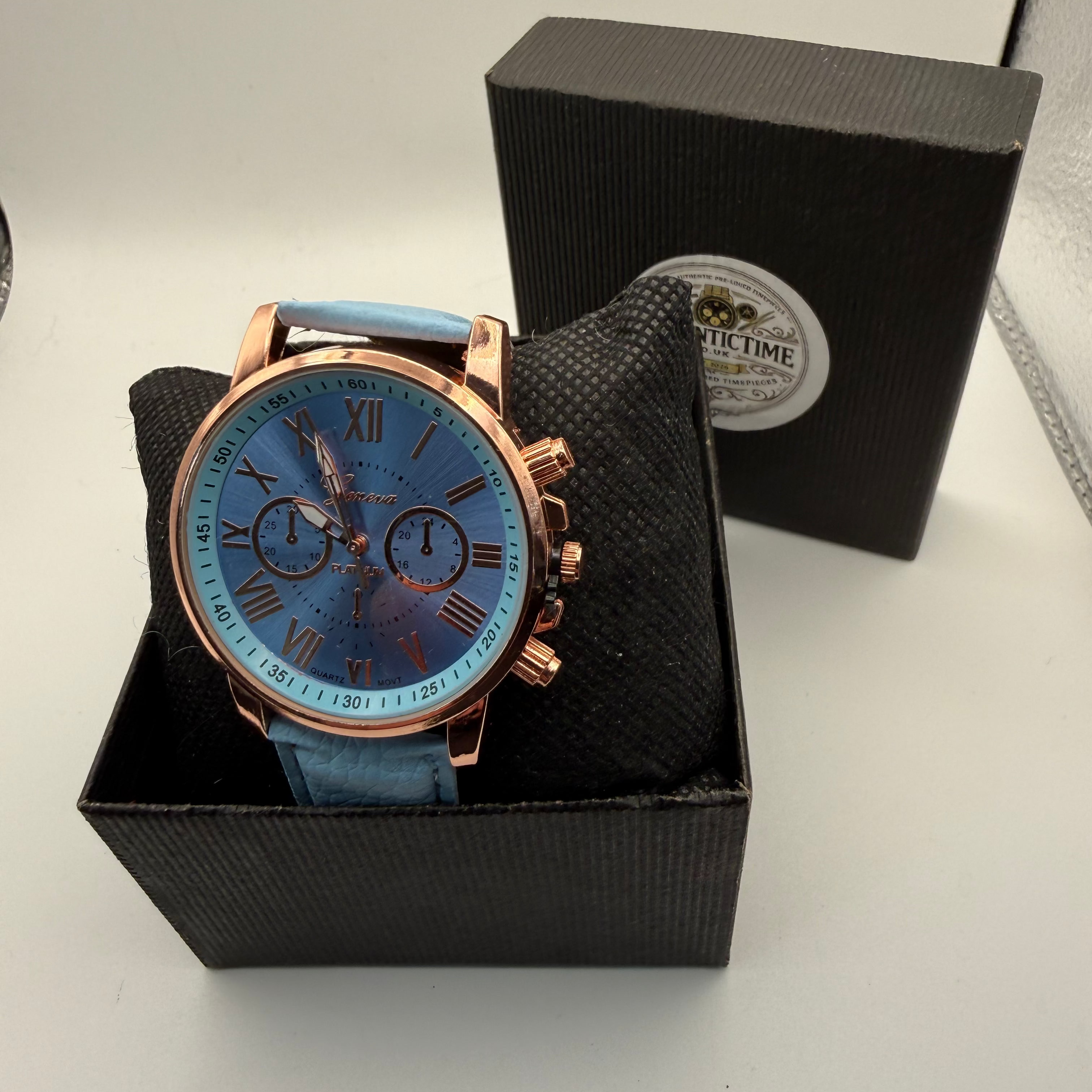 Geneva Platinum Chronograph Style Watch – Blue Dial, Rose Gold Case – New in Box- £10.00
