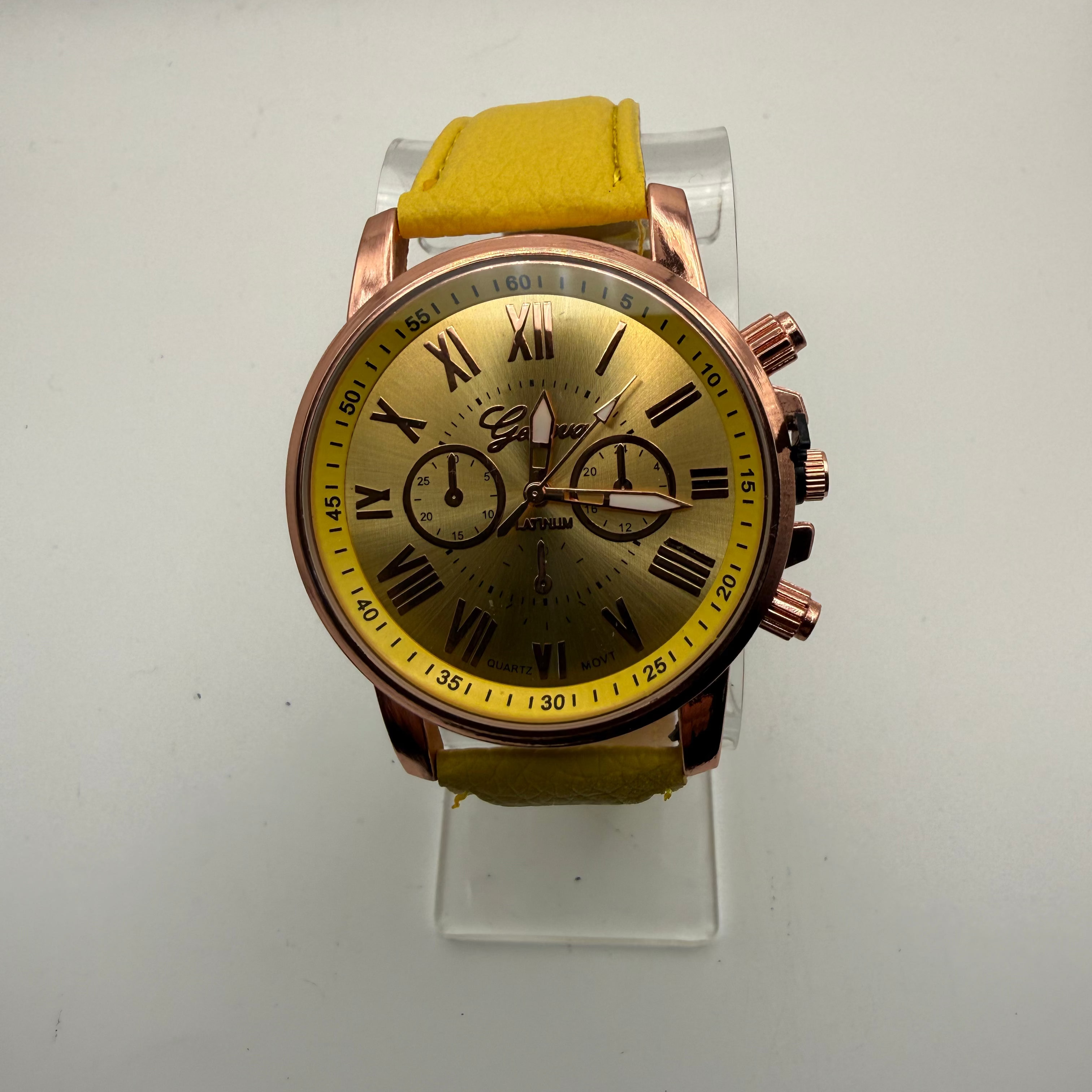 Geneva Platinum Gold Dial Rose Gold Tone Watch – New in Box – Yellow Stra- £10.00