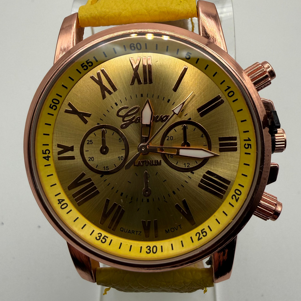Geneva Platinum Gold Dial Rose Gold Tone Watch – New in Box – Yellow Stra- £10.00