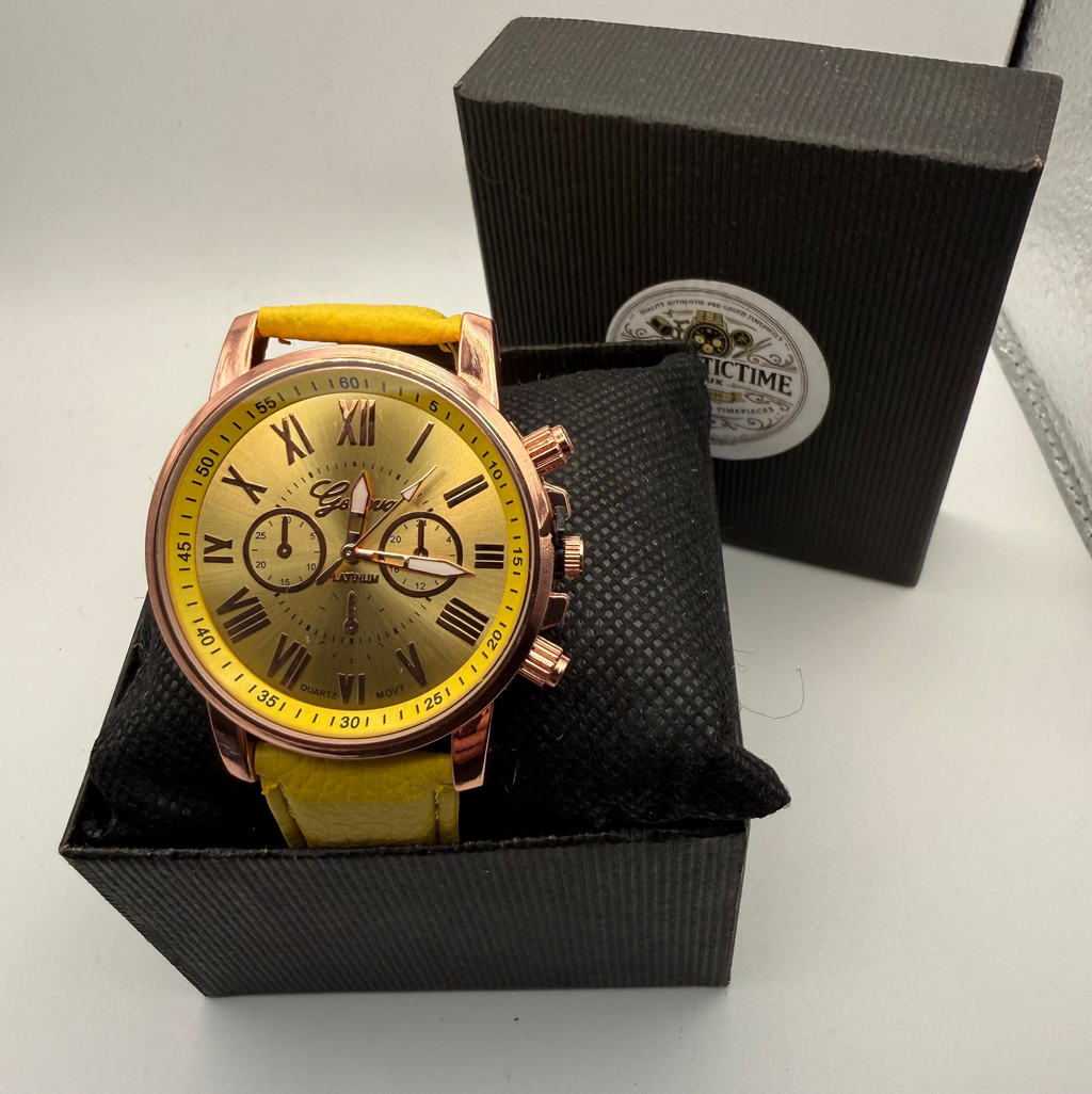 Geneva Platinum Gold Dial Rose Gold Tone Watch – New in Box – Yellow Stra- £10.00