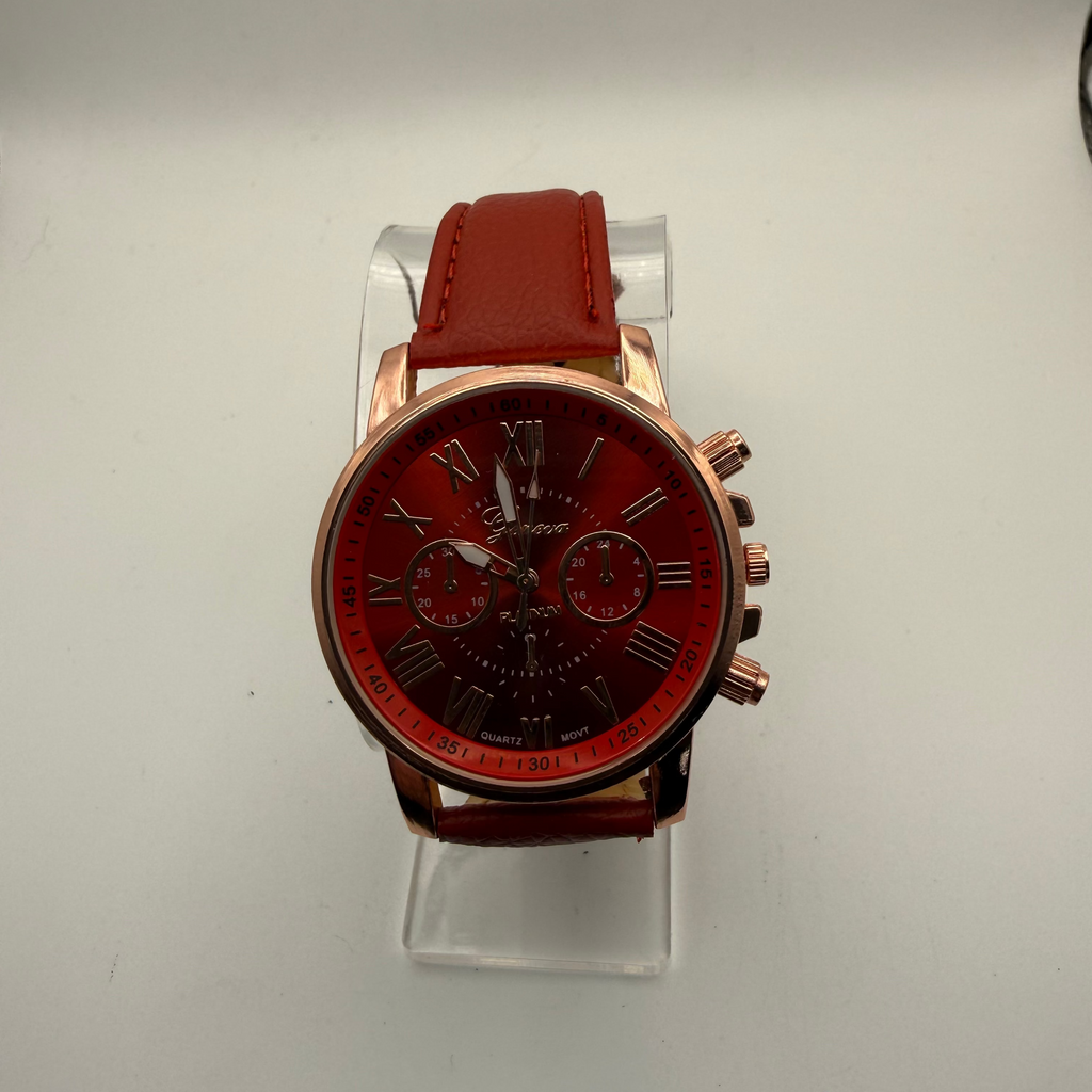 Geneva Platinum Red Dial Watch – New in Box – Rose Gold Tone Case- £10.00