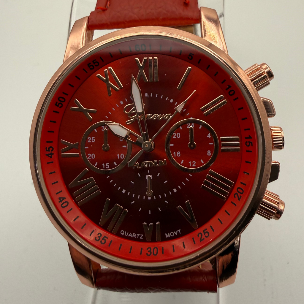 Geneva Platinum Red Dial Watch – New in Box – Rose Gold Tone Case- £10.00