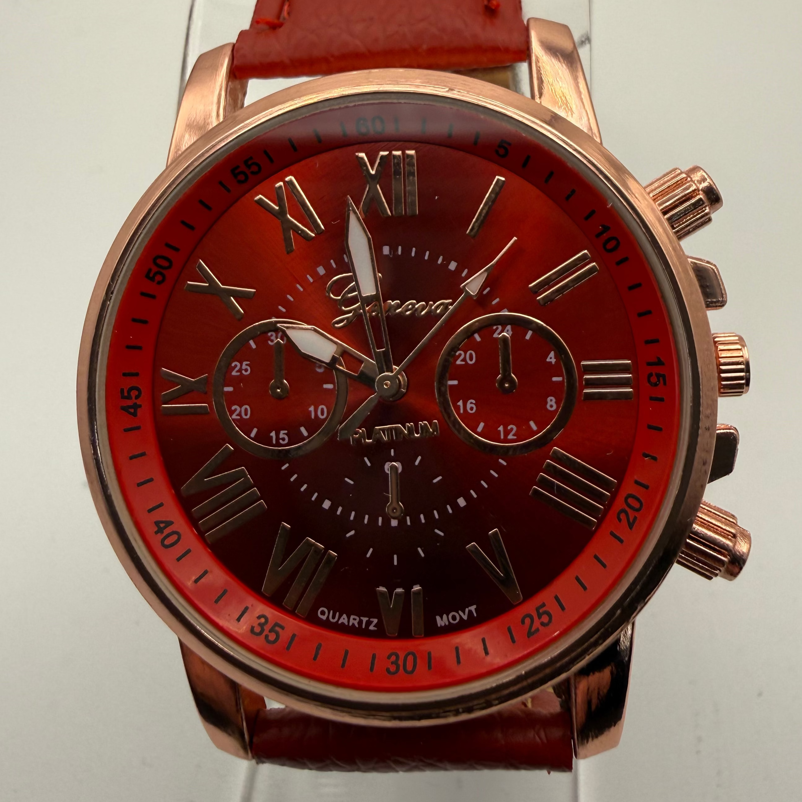 Geneva Platinum Red Dial Watch – New in Box – Rose Gold Tone Case- £10.00