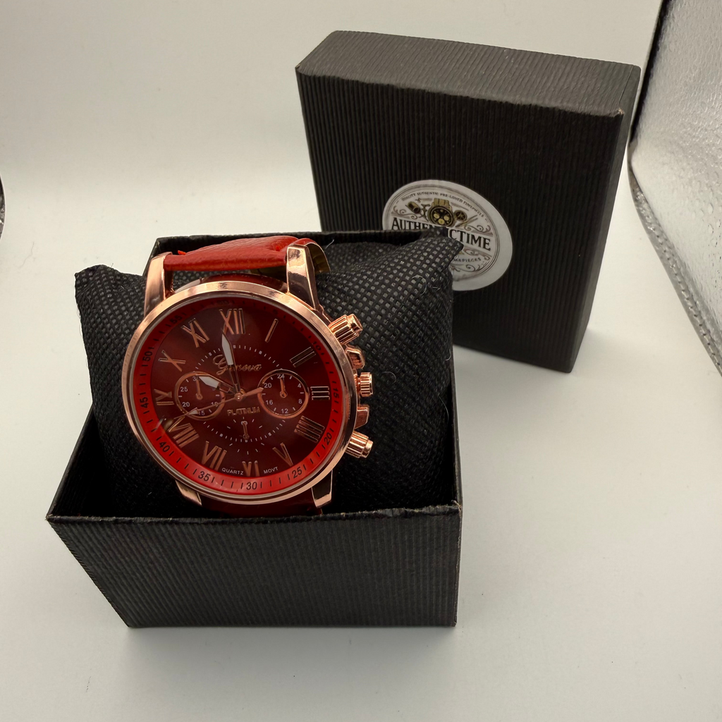 Geneva Platinum Red Dial Watch – New in Box – Rose Gold Tone Case- £10.00