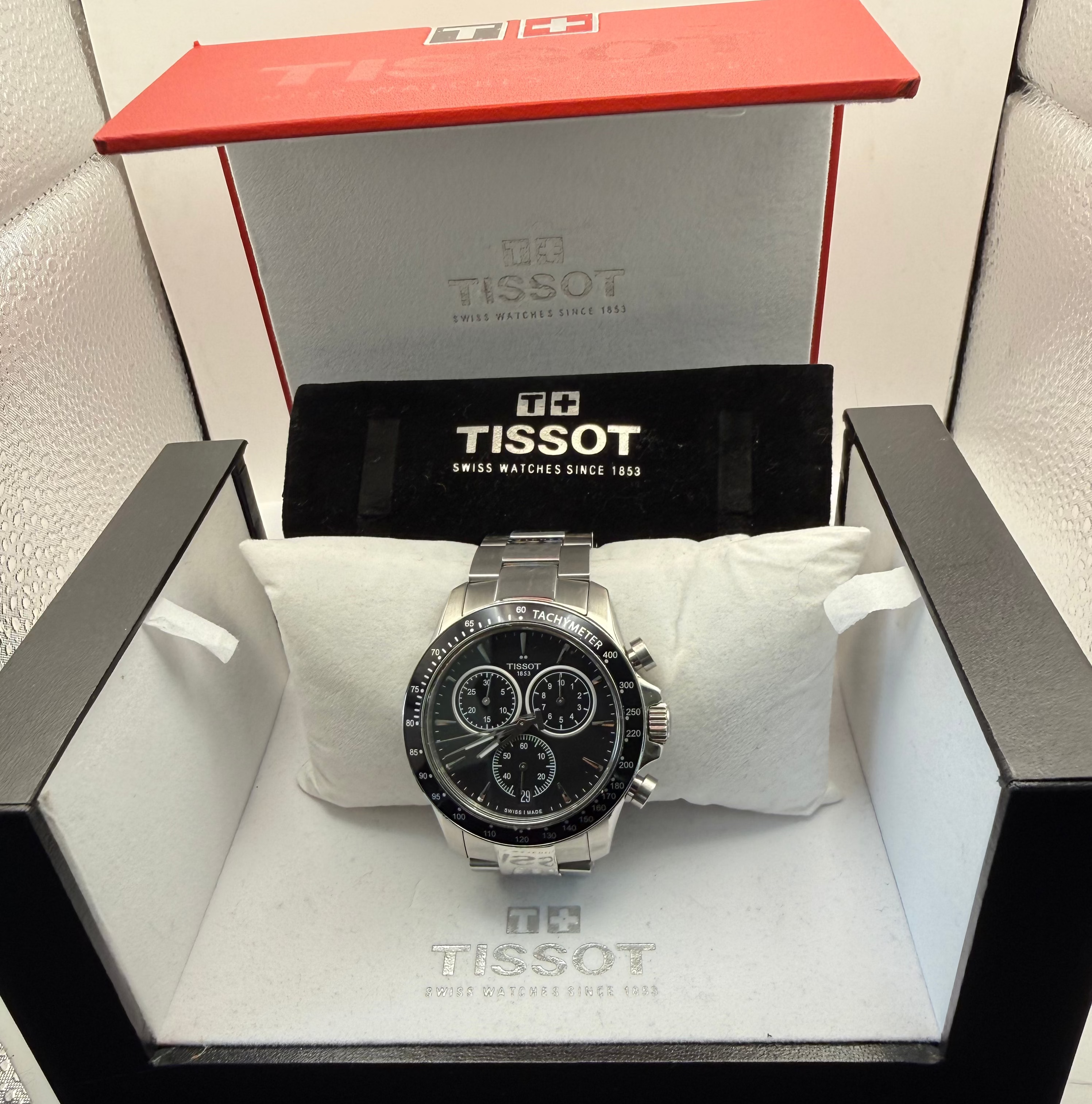 Tissot V8 Chronograph T- Sprt Swiss Black Dial Full Set Stainless Steel Watch- £229.99
