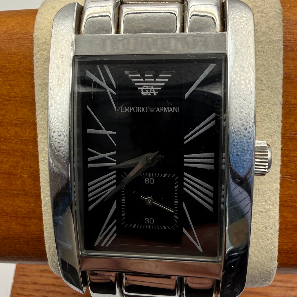 Emporio Armani Rectangular Black Dial Stainless Steel Watch – Classic Tank Style- £99.99