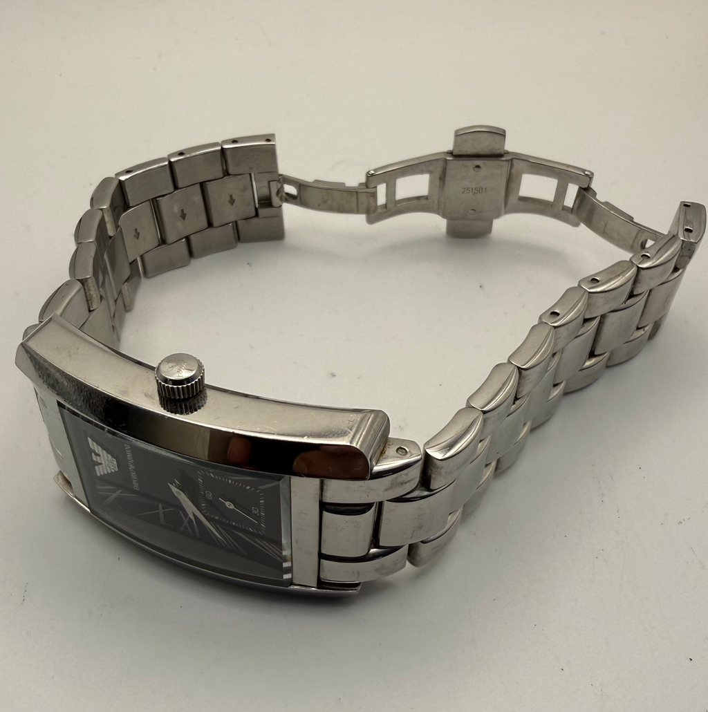 Emporio Armani Rectangular Black Dial Stainless Steel Watch – Classic Tank Style- £99.99