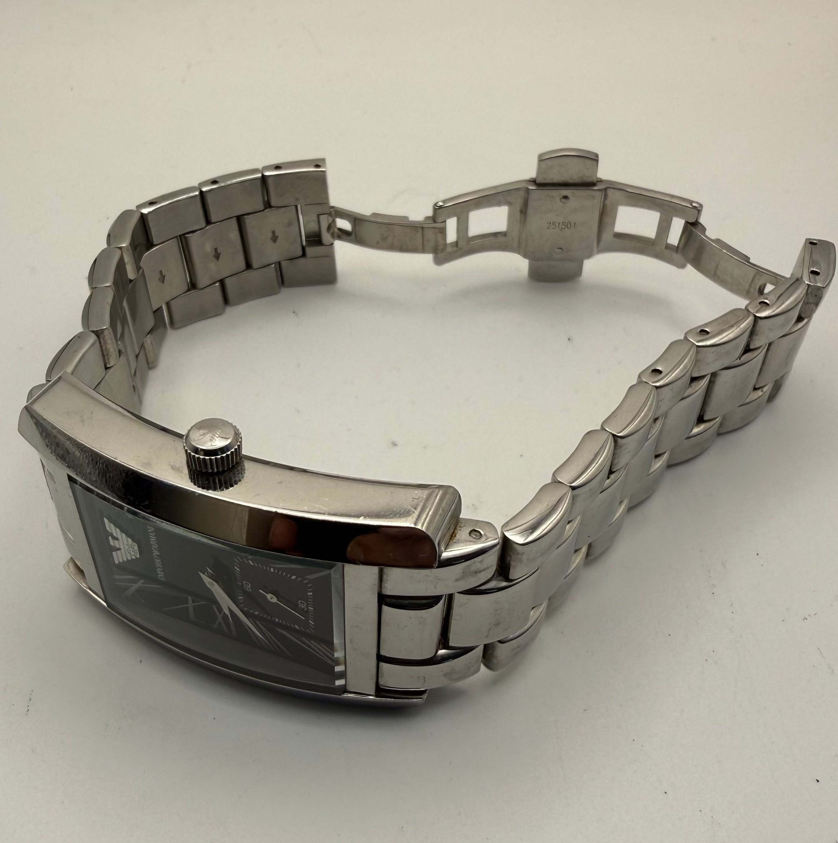 Emporio Armani Rectangular Black Dial Stainless Steel Watch – Classic Tank Style- £99.99