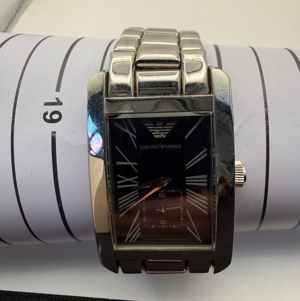 Emporio Armani Rectangular Black Dial Stainless Steel Watch – Classic Tank Style- £99.99