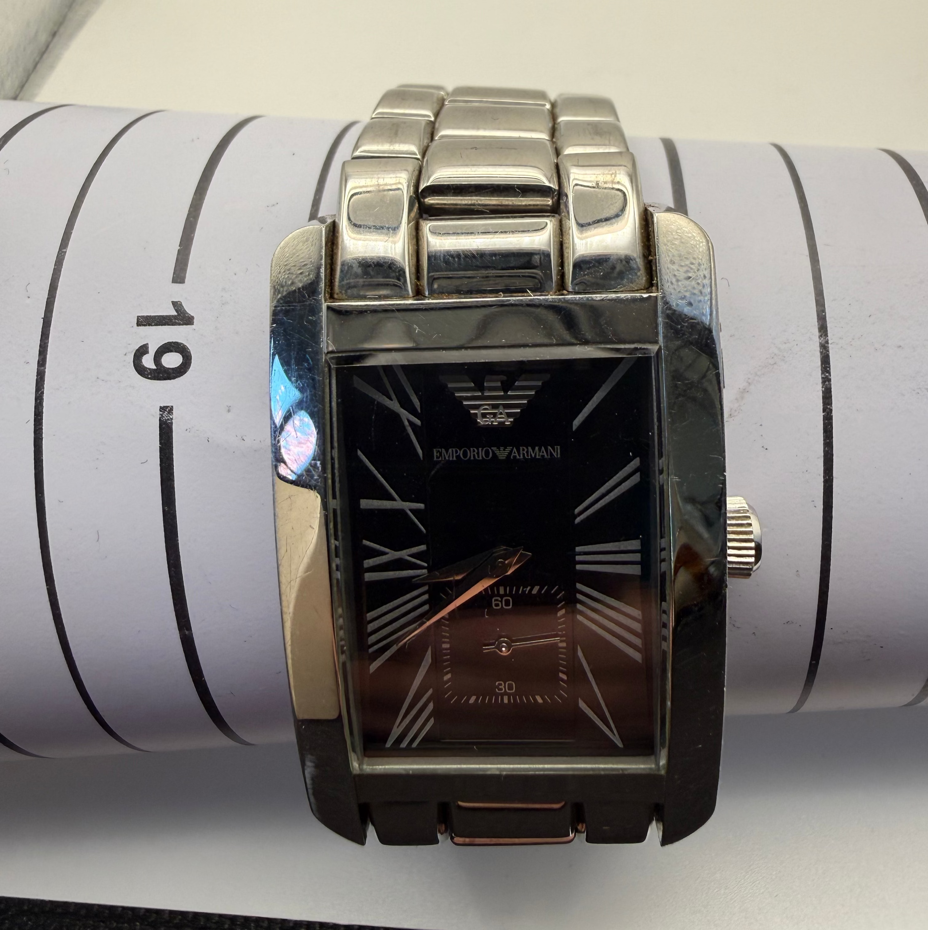 Emporio Armani Rectangular Black Dial Stainless Steel Watch – Classic Tank Style- £99.99