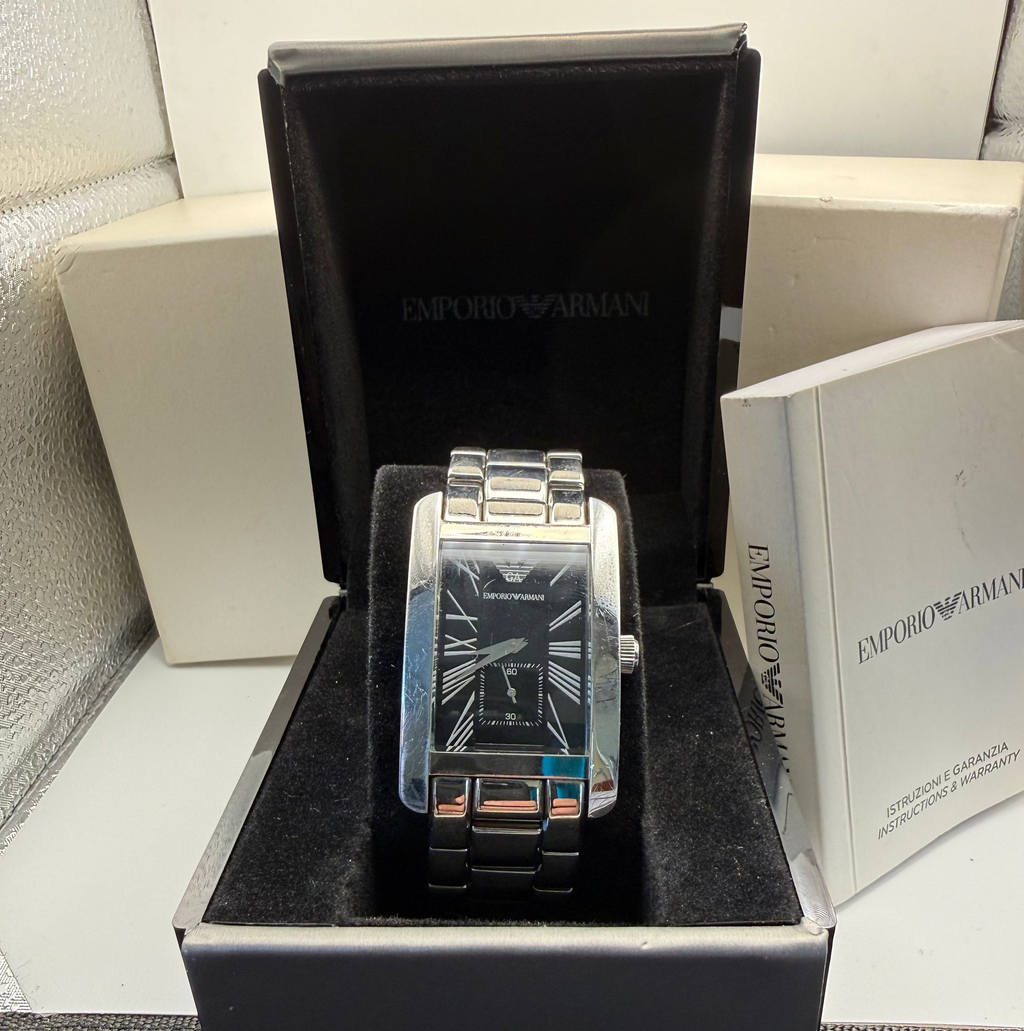 Emporio Armani Rectangular Black Dial Stainless Steel Watch – Classic Tank Style- £99.99