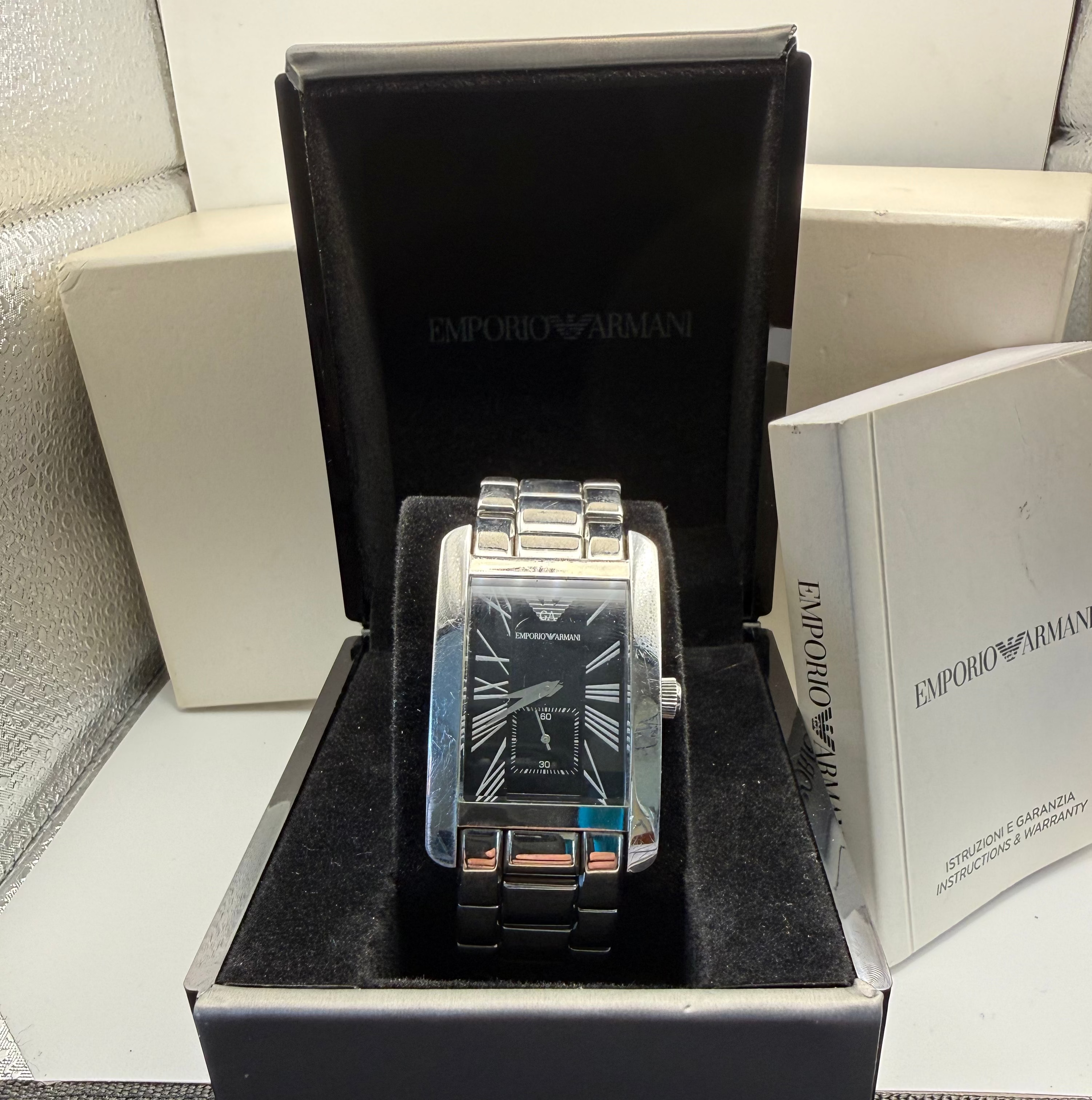 Emporio Armani Rectangular Black Dial Stainless Steel Watch – Classic Tank Style- £99.99