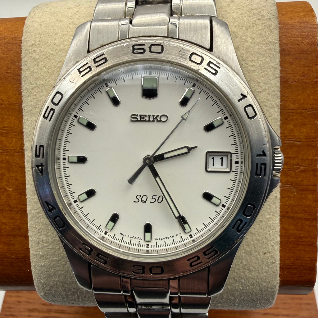 Seiko SQ50 Quartz White Dial Stainless Steel Bracelet Watch – January 2004- £79.99