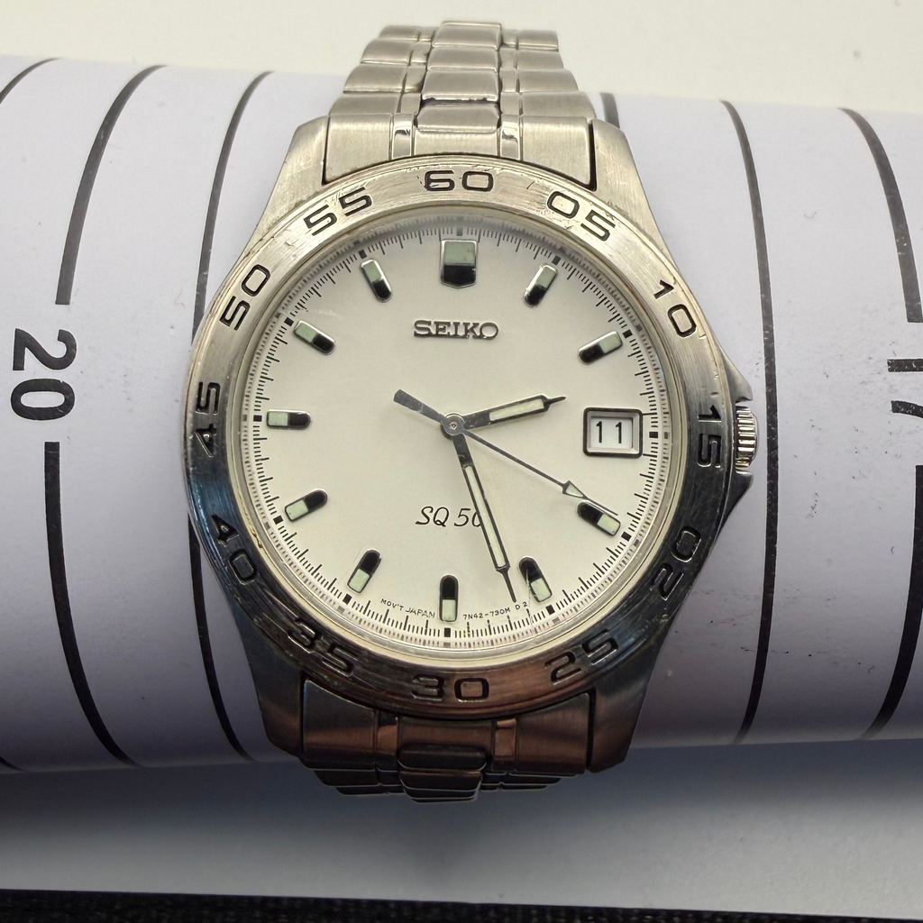 Seiko SQ50 Quartz White Dial Stainless Steel Bracelet Watch – January 2004- £79.99