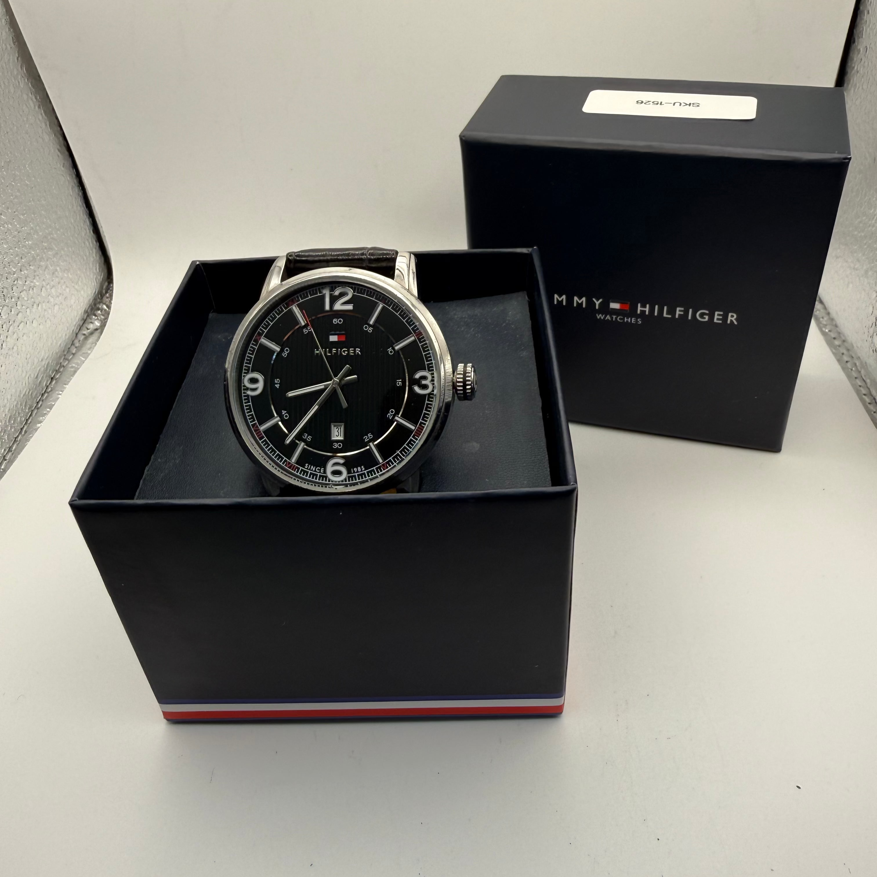 Tommy Hilfiger Black Dial Date Watch – Classic Leather Strap- £44.99