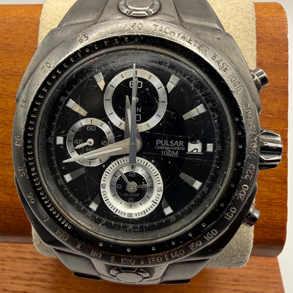 Pulsar Chronograph Alarm 100M Stainless Steel Watch – Black Dial- £49.99