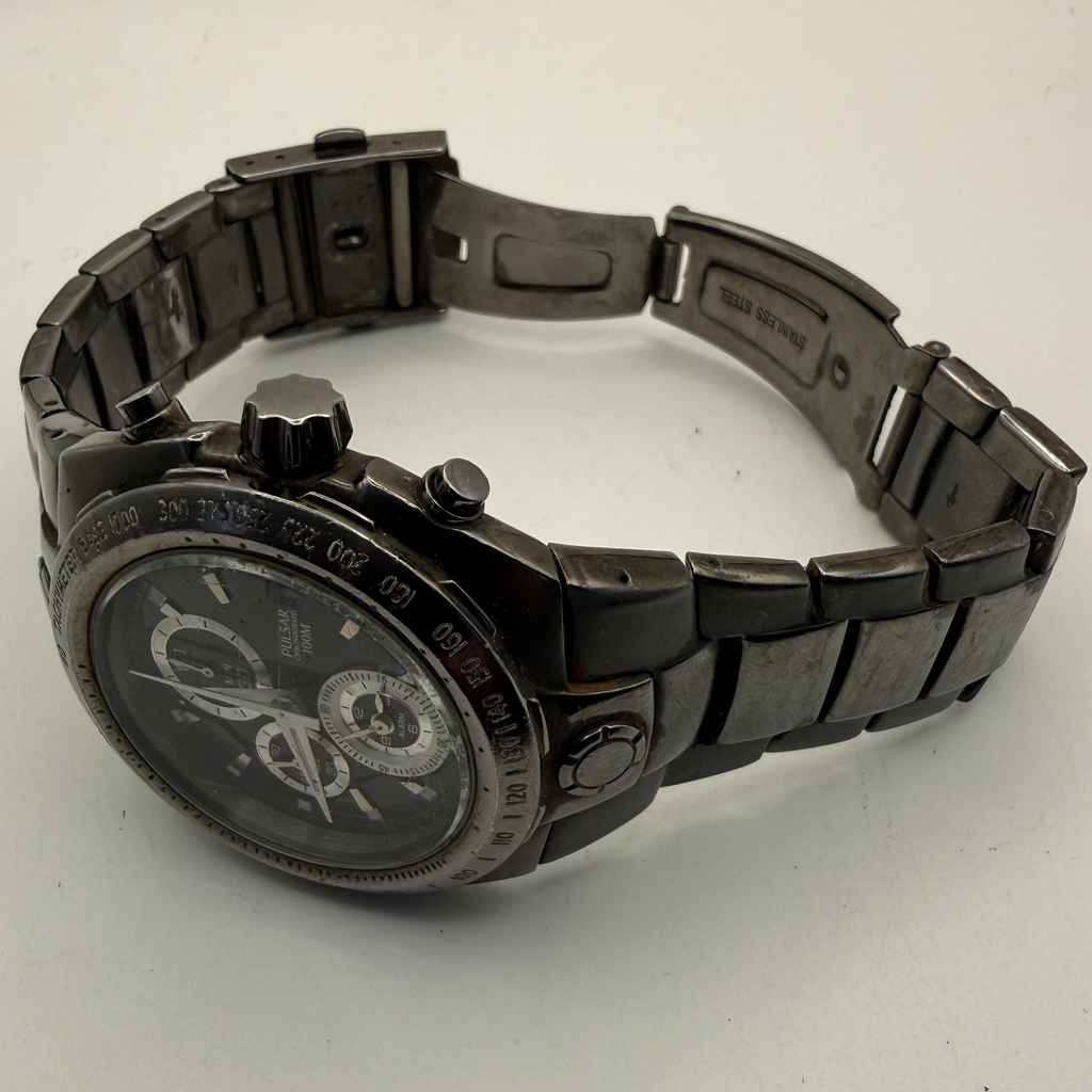 Pulsar Chronograph Alarm 100M Stainless Steel Watch – Black Dial- £49.99