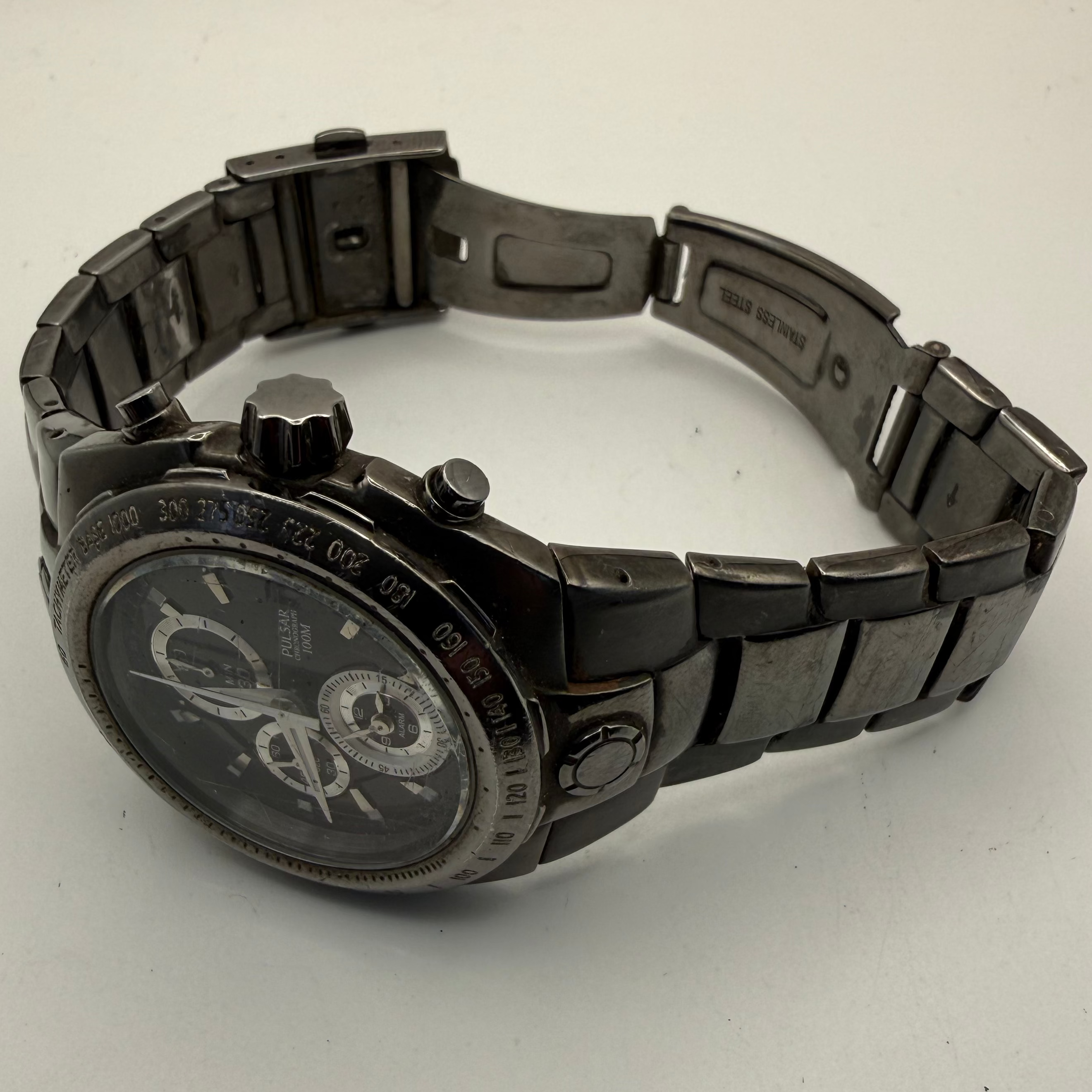 Pulsar Chronograph Alarm 100M Stainless Steel Watch – Black Dial- £49.99