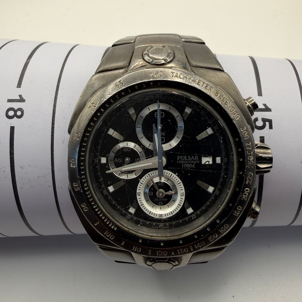 Pulsar Chronograph Alarm 100M Stainless Steel Watch – Black Dial- £49.99