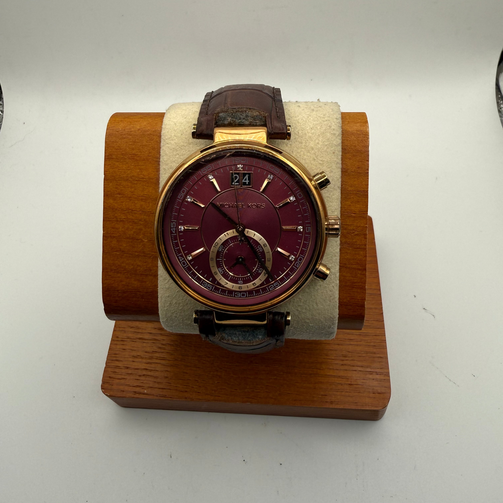 Michael Kors MK2586 Watch Burgundy Dial Rose Gold Tone Brown Leather Strap- £59.95