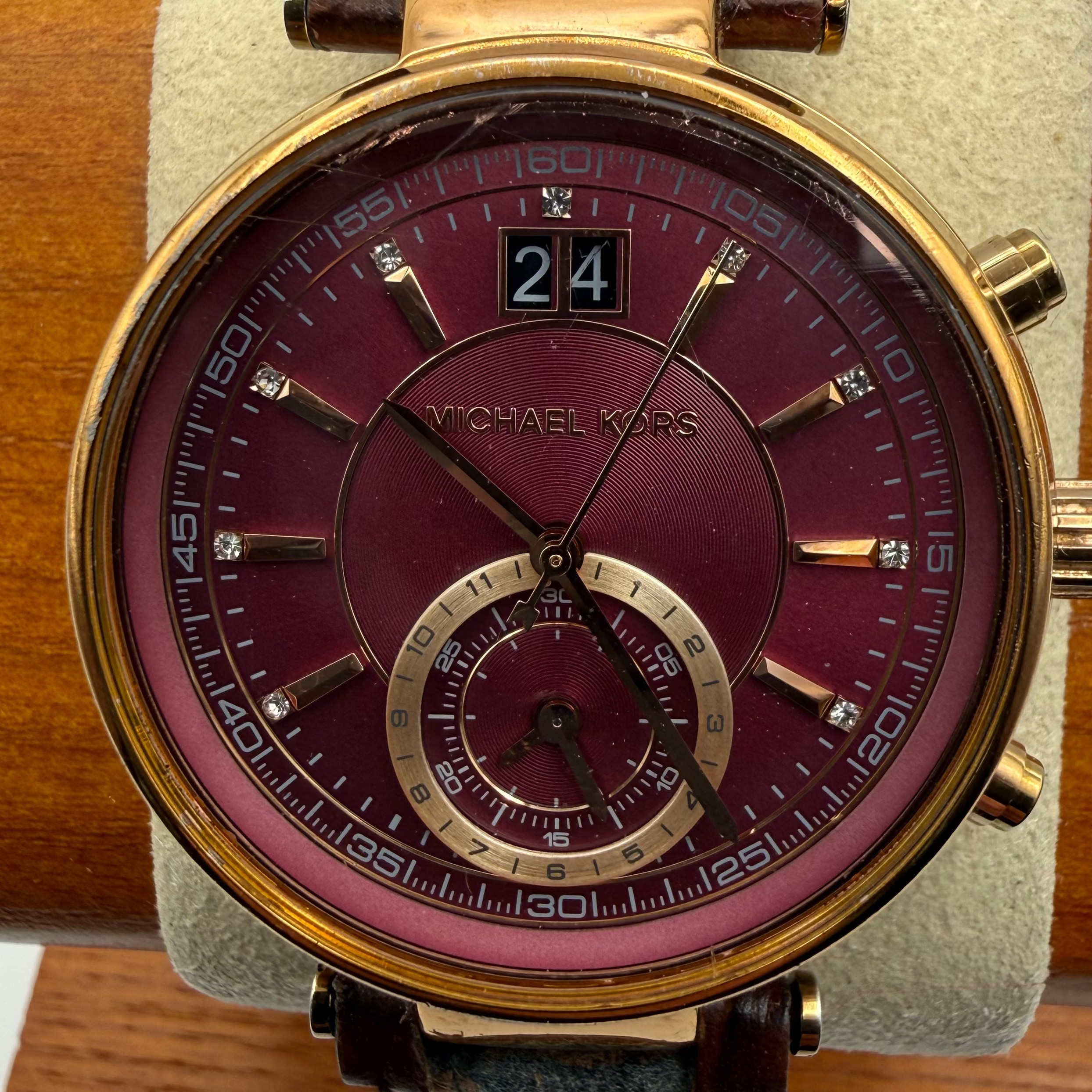 Michael Kors MK2586 Watch Burgundy Dial Rose Gold Tone Brown Leather Strap- £59.95