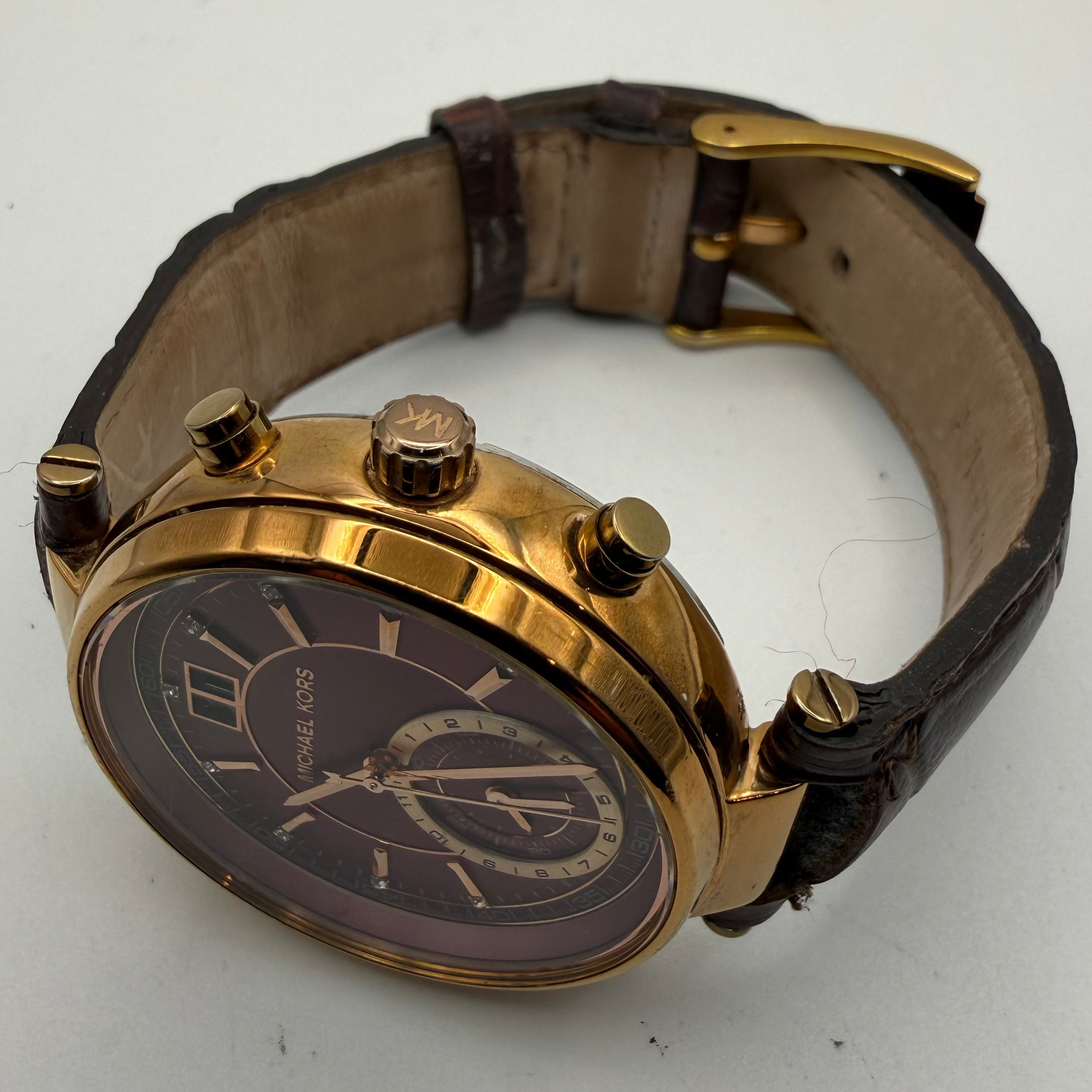 Michael Kors MK2586 Watch Burgundy Dial Rose Gold Tone Brown Leather Strap- £59.95