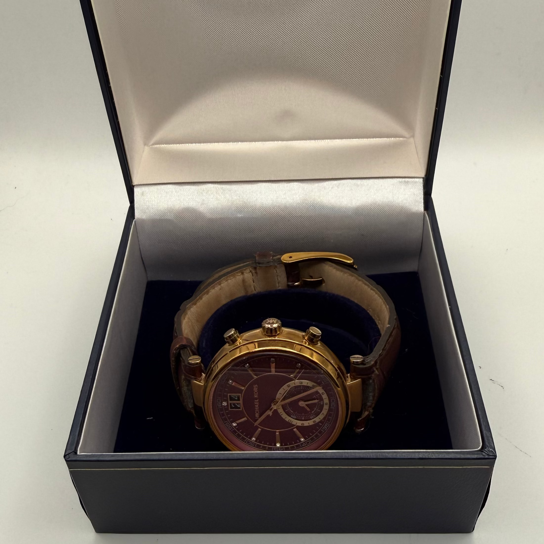 Michael Kors MK2586 Watch Burgundy Dial Rose Gold Tone Brown Leather Strap- £59.95