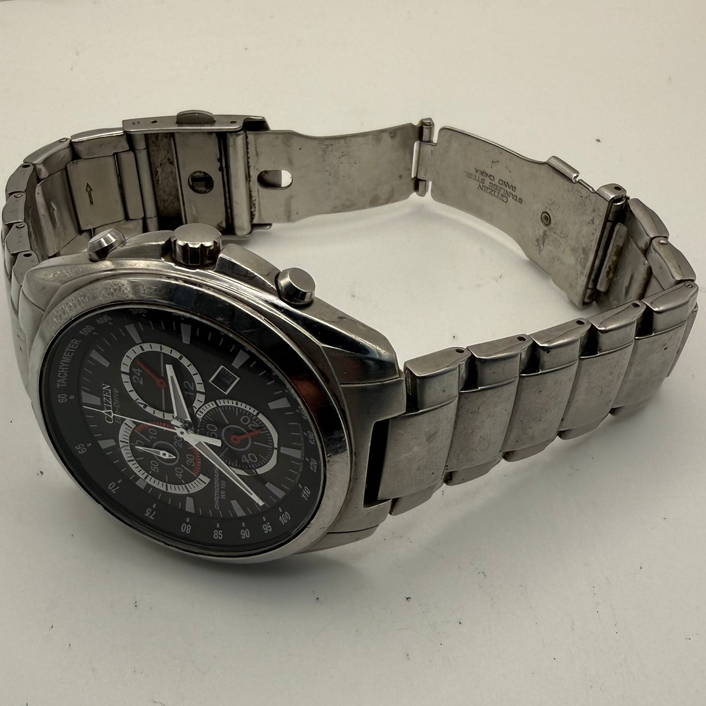 Citizen Eco-Drive Chronograph Tachymeter Black Dial – Stainless Steel – 45.5mm- £119.99