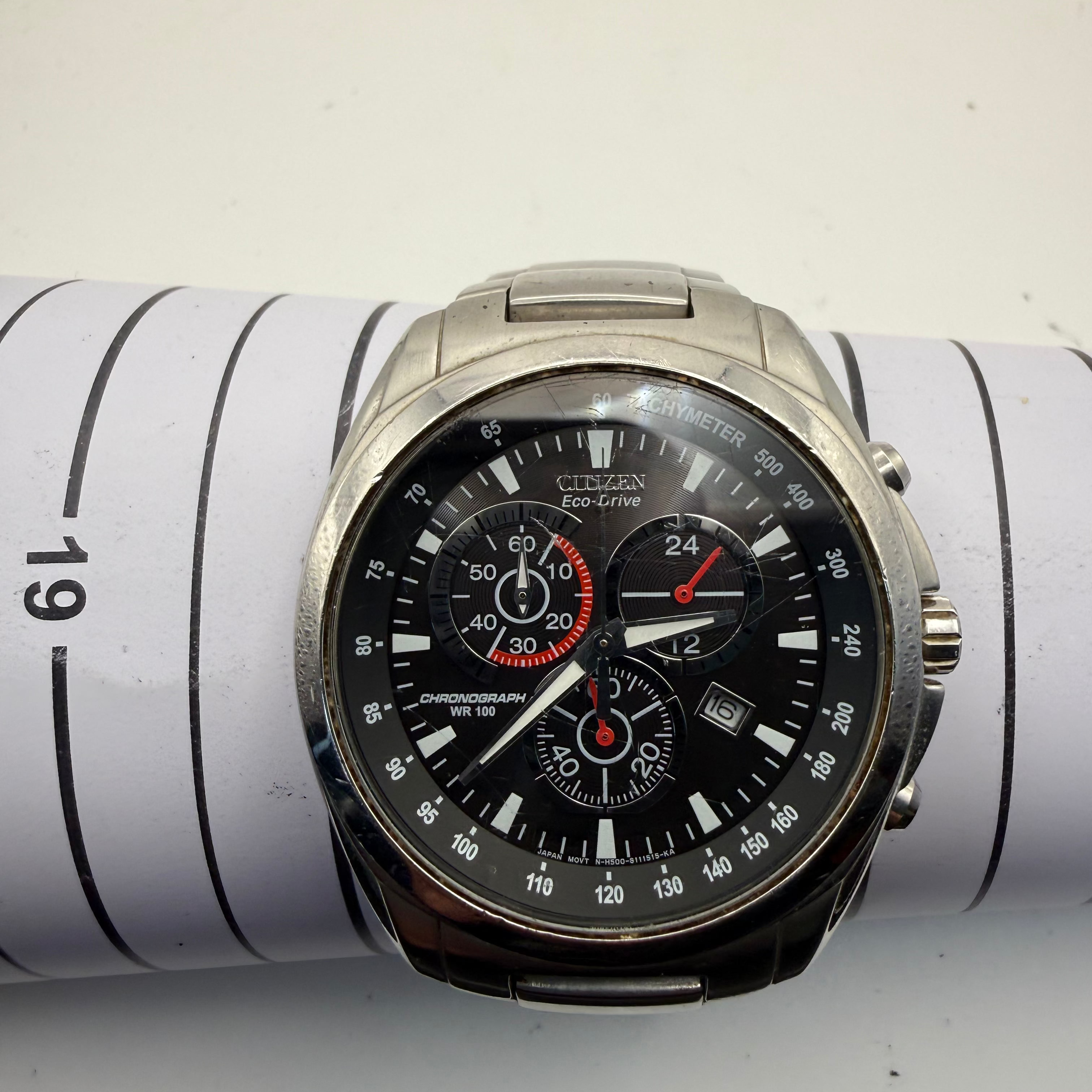 Citizen Eco-Drive Chronograph Tachymeter Black Dial – Stainless Steel – 45.5mm- £119.99