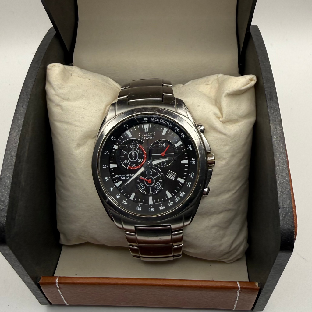 Citizen Eco-Drive Chronograph Tachymeter Black Dial – Stainless Steel – 45.5mm- £119.99