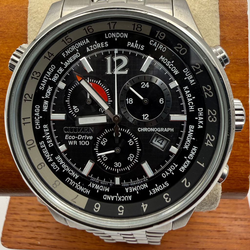 Citizen Eco-Drive World Time Chronograph H500-S081548 Black Dial 45.5mm Full Set- £229.99