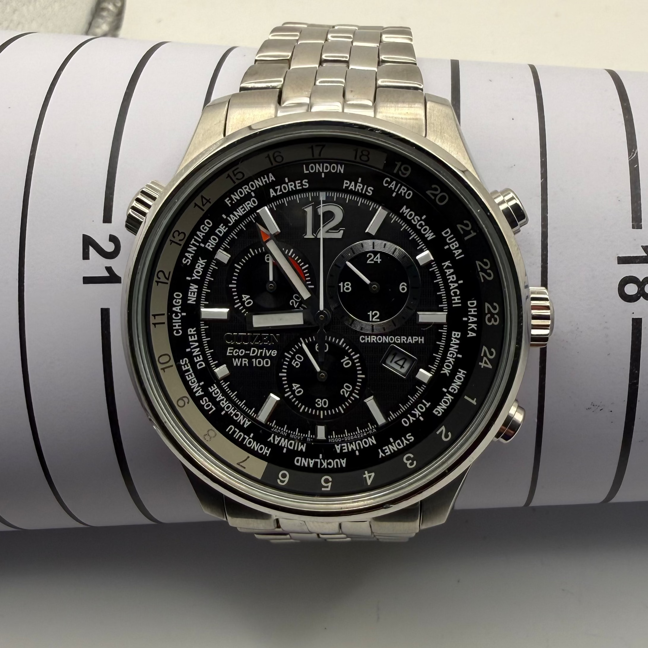 Citizen Eco-Drive World Time Chronograph H500-S081548 Black Dial 45.5mm Full Set- £229.99