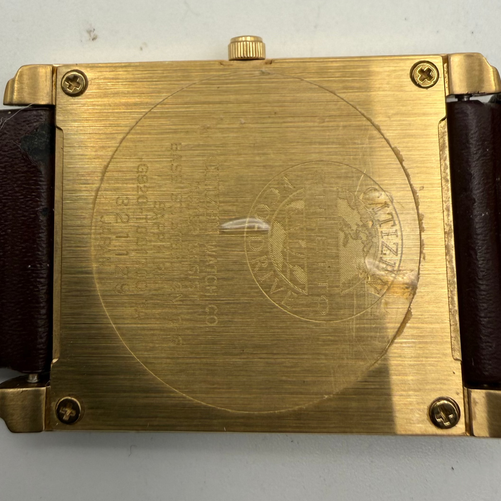 Citizen Eco-Drive Rectangular Gold-Tone Dress Watch – Classic Roman Dial | Leather Strap- £39.99